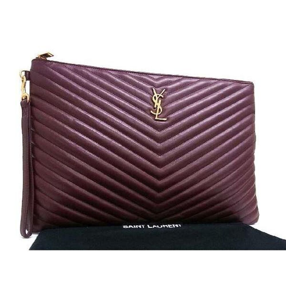 SAINT LAURENT Cassandra V stitch Leather Clutch Bag Shoulder Bordeaux Purple